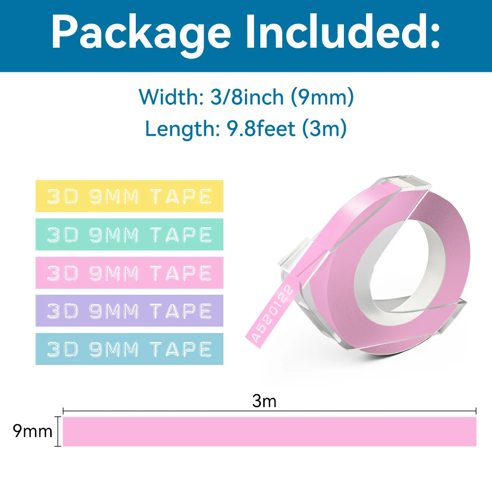 5 팩 혼합 색상 3D 엠보싱 PVC 라벨 테이프 9mm 호환 Dymo 수동 라벨 메이커 Motex E101 1610 1880 12965 라벨 프린터