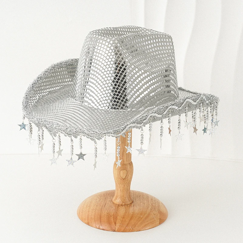Bling Stars Tassel Cowgirl Hats Womens Mens Shiny Sequins Wide Brim Cowgirl Hat Western Themed Party Caps for Streetwear