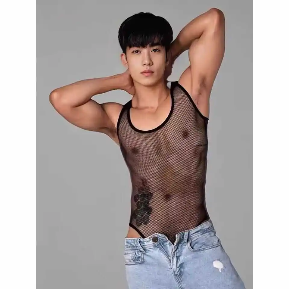 남성용 메쉬 투명 원피스 속옷 여름 조끼 원피스 의류 삼각형 쉐이핑 메쉬 팬츠 통기성 수분 흡수