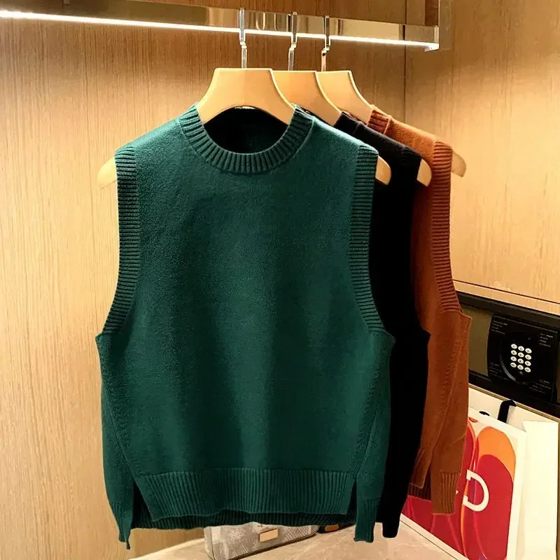 

Knitted Sweaters for Men Slit Waistcoat Man Clothes Crewneck Green Vest Sleeveless Round Collar Aesthetic Meme Japanese Retro X