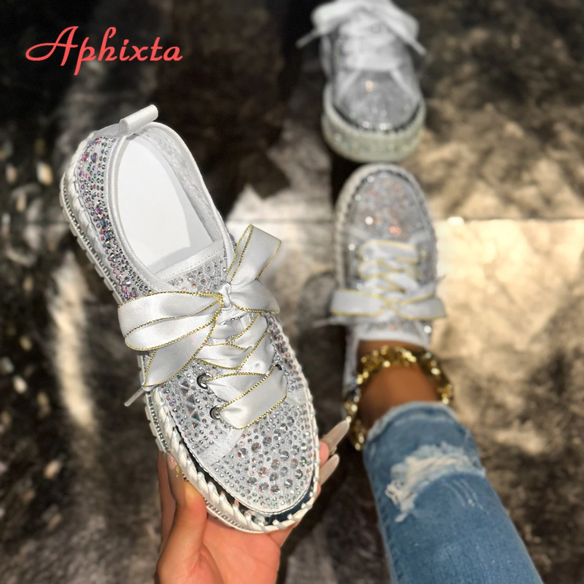 Aphixta Flat With Women Loafers Bling Crystal Flats Lace Up Design Casual Shoes Silver 3cm Heels Luxury Size 44 Ladies Shoes
