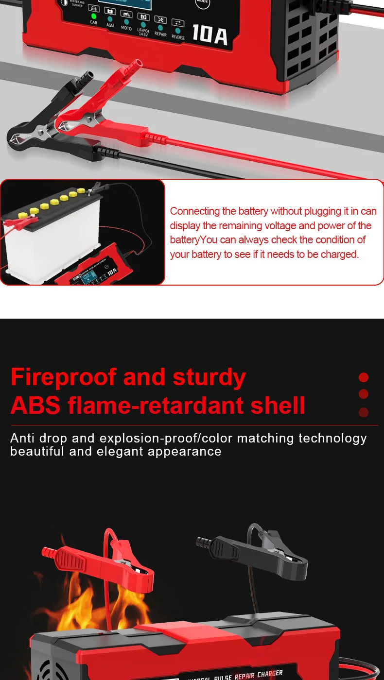 12V 10A Smart Car Battery Charger 14.6V 10A Electric Motorcycles Charger For Lifepo4 Lead Acid AGM GEL PB Lithium Battery Repair