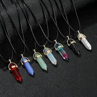 Collier à Quartz pilier hexagonal, collier en cristal rose Turquoise, chaîne en cuir véritable, ras du cou en pierre naturelle, 7 pièces/ensemble 1