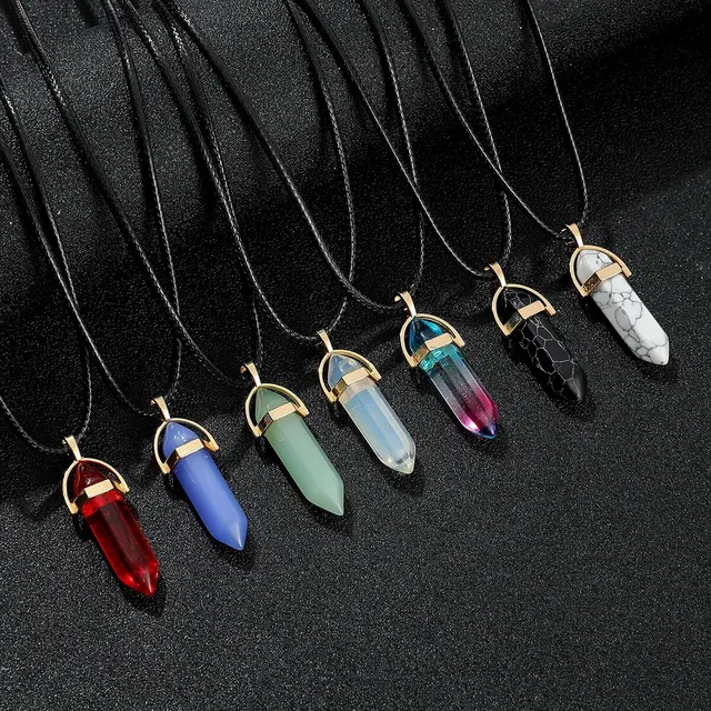 Collier à Quartz pilier hexagonal, collier en cristal rose Turquoise, chaîne en cuir véritable, ras du cou en pierre naturelle, 7 pièces/ensemble 1