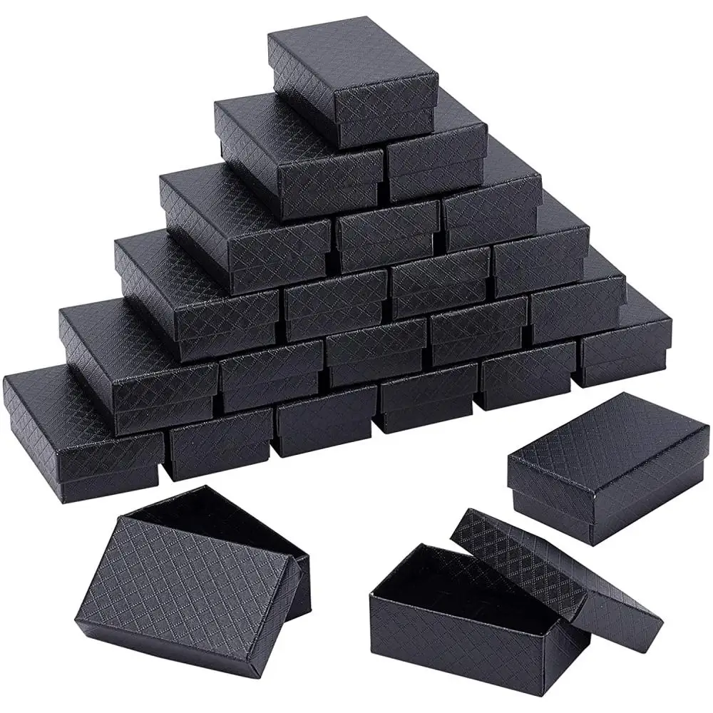 

24pcs Rectangle Cardboard Boxes Black Rhombus Pattern Paper Box with Sponge for Earring Necklace Jewelry Storage Gift Container