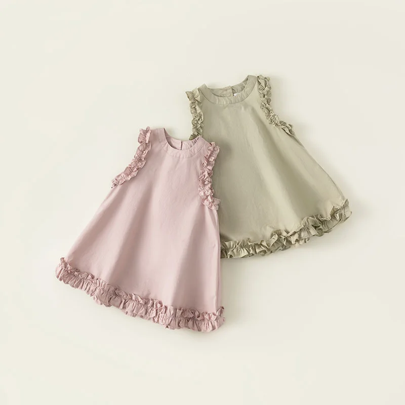 

2023 New Summer Kids Girls Dress Solid Color Sleeveless Dresses Fashion Princess Cotton Children Clothing