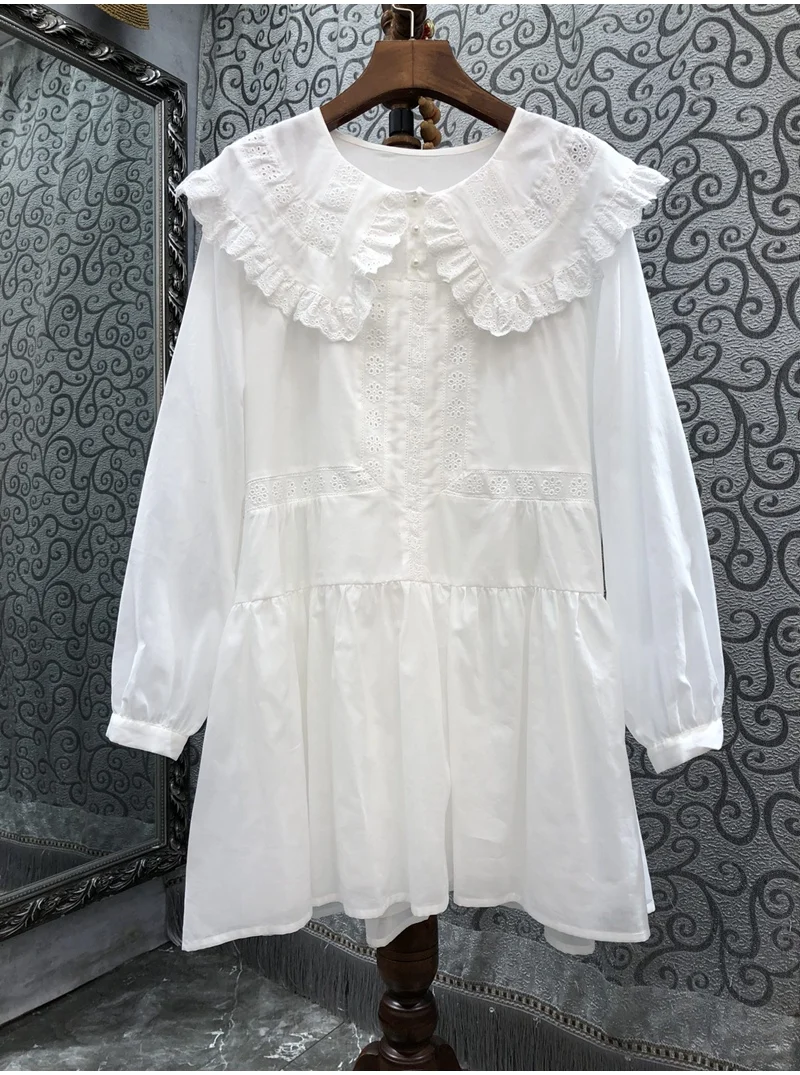 

100%Cotton Dress 2023 Summer Style Ladies Peter Pan Collar Hollow Out Embroidery Long Sleeve Casual Loose White Dress Vestidos