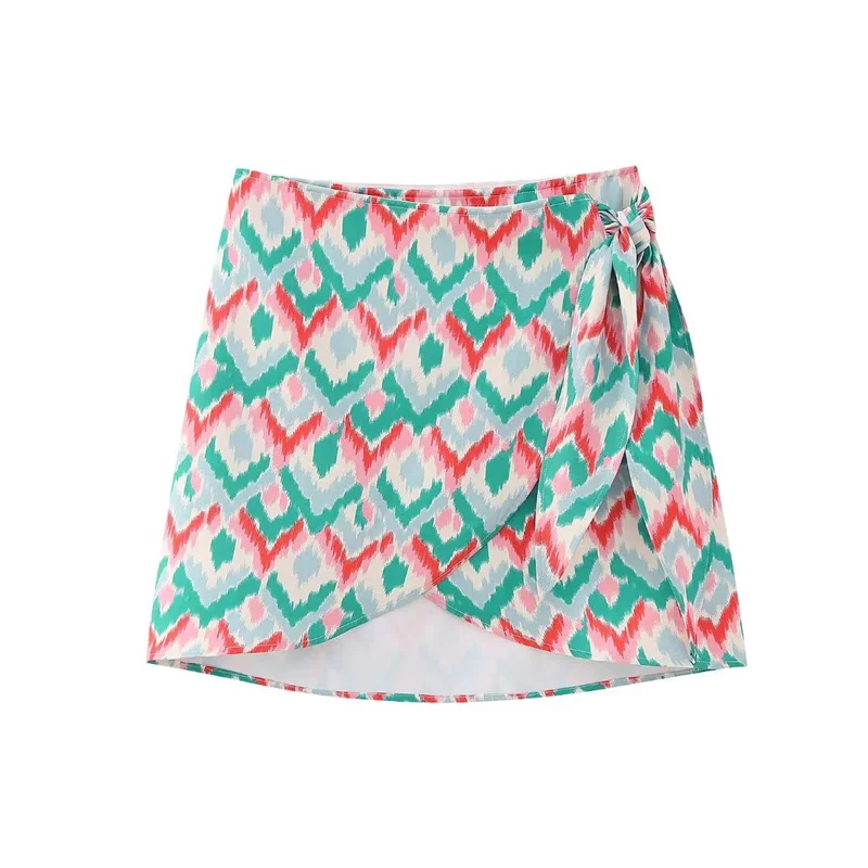 

Woman Sweet Pink Geometric Print Wrap Skirt 2023 Summer Female Chic High Waisted Lacing Skirts Girls Asymmetrical Skirts