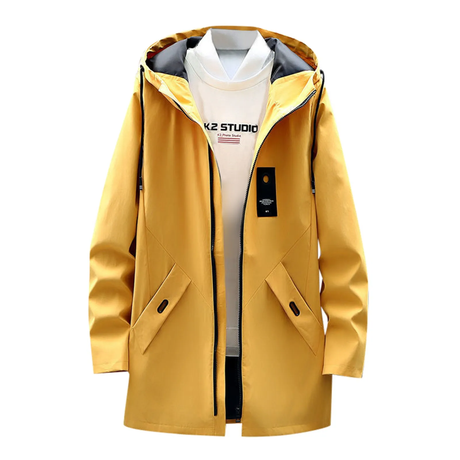 Men Trench Coat Slim Fit Zipper Closure Windbreaker Lapel Long Jacket Casual Windproof Overcoat Long Hooded Tops Cardigan Coat