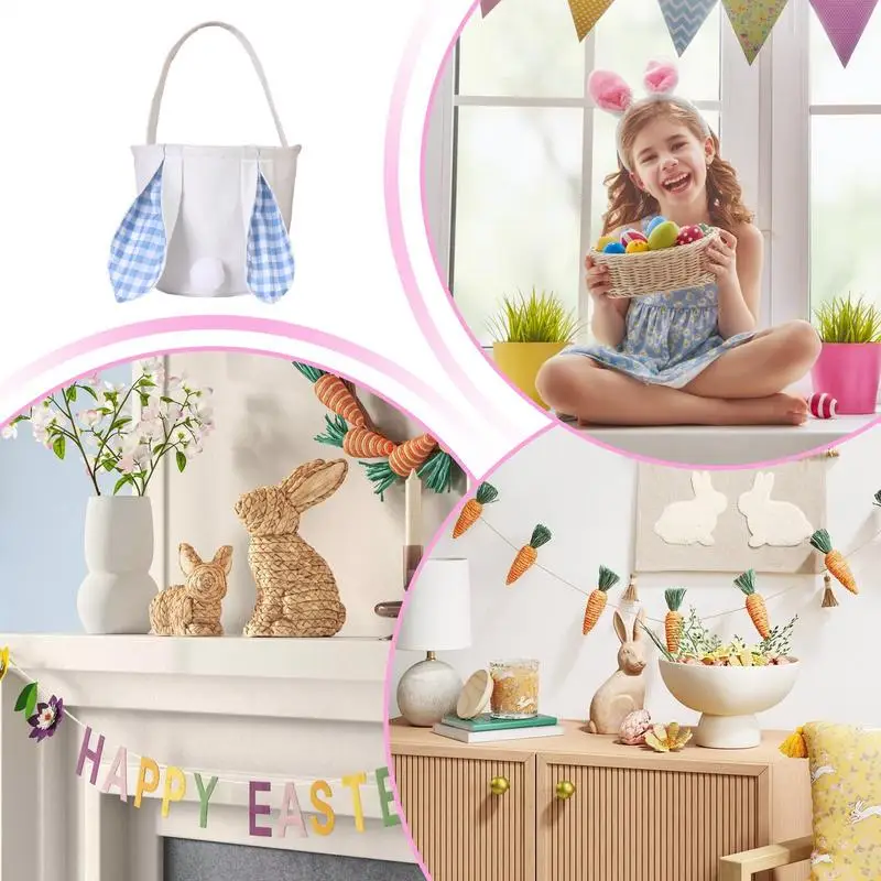 Easter Egg Hunt Bags Easter Rabbit Reusable Tote Bags With Handles Bunny Candy Basket Spring Hunts Container For Candy Hunting
