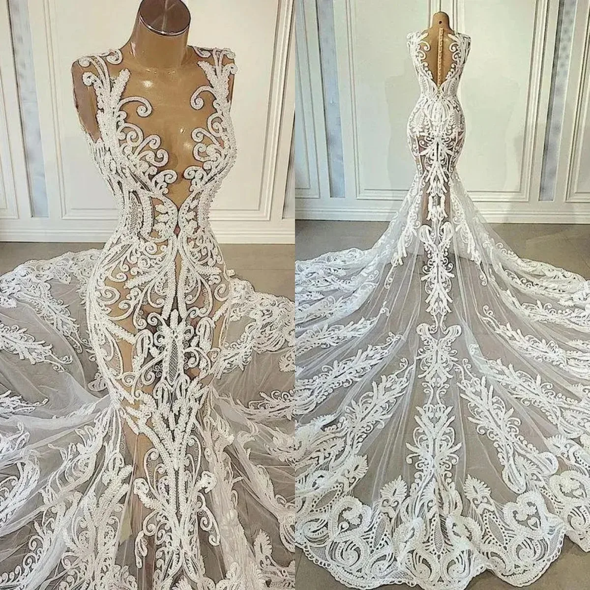 Customized 2025 Latest Perspective Sexy Mermaid Custom Wedding Dress Bridal Dress Lace Stickers African Nigerian Court Tail
