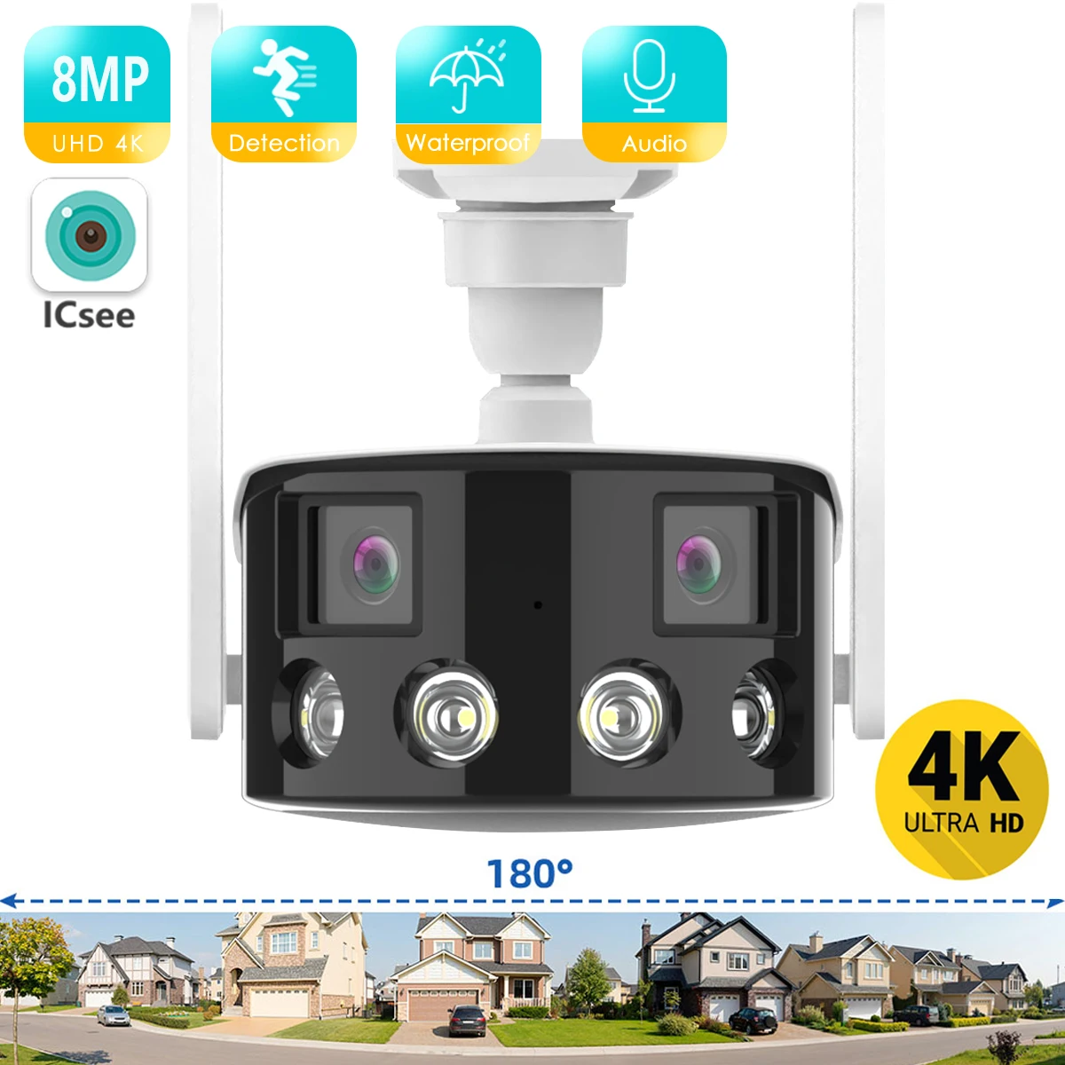 BESDER 8MP 4K Dual Lens Ultra wide angle 180° Wifi IP Camera Cecurity Protection Ai Human Detect