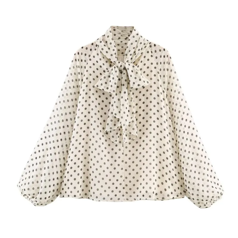 Women Polka Dot Print Blouse Casual High Collar Long