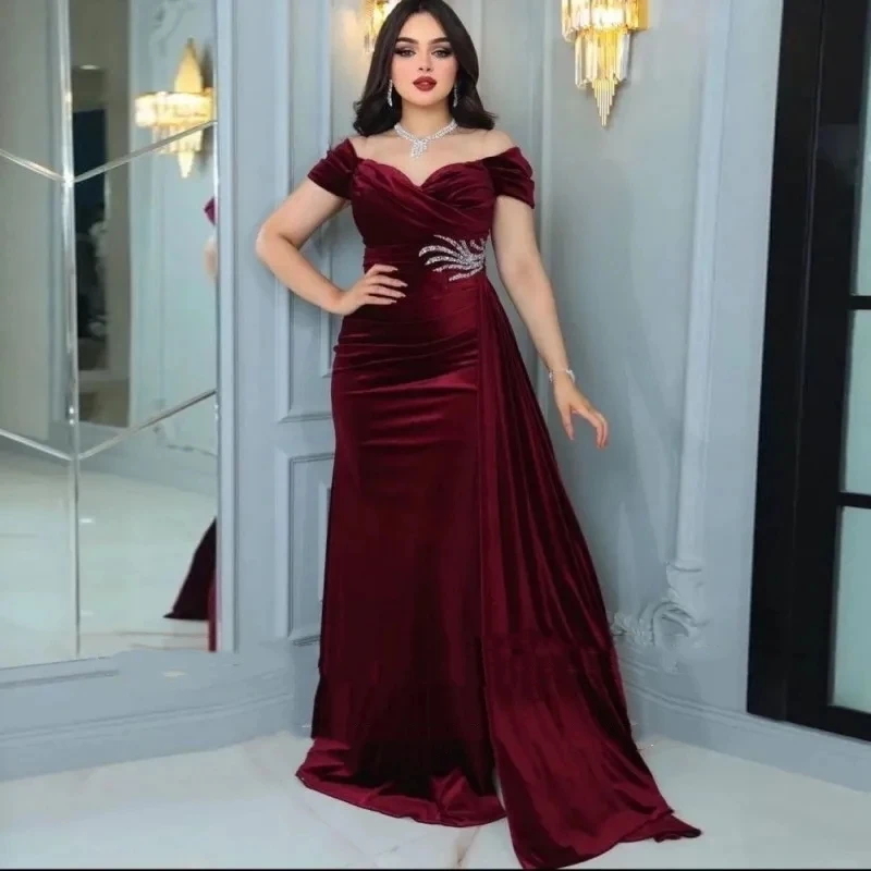 

Romantic Red Velvet Evening Dresses off the Shoulder Beaded Sweetheat Mermaid Prom Wedding Party Gown Formal Vestido De Fiesta
