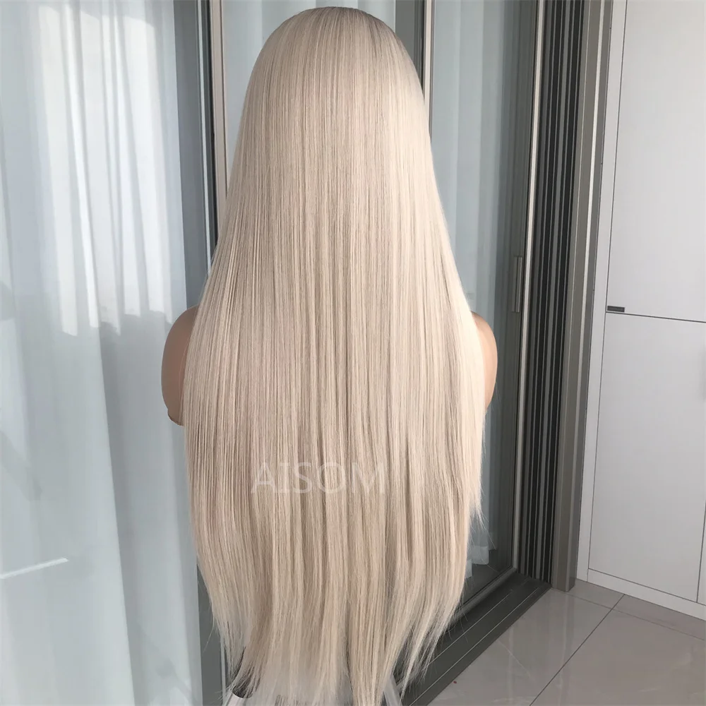 Platinum Ash Blonde Long Straight Lace Front Wig with Brown Roots Pre Plucked Heat Resistant Synthetic Daily Use lace front wig lace wigs womens synthetic wigs synthetic wigs