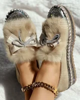 Loafers Women Rhinestone Bowknot Decor Fuzzy Detail Slip-On Loafers Crystal Bow Fur Women Platform Flats Warm Shoes for Trend 2