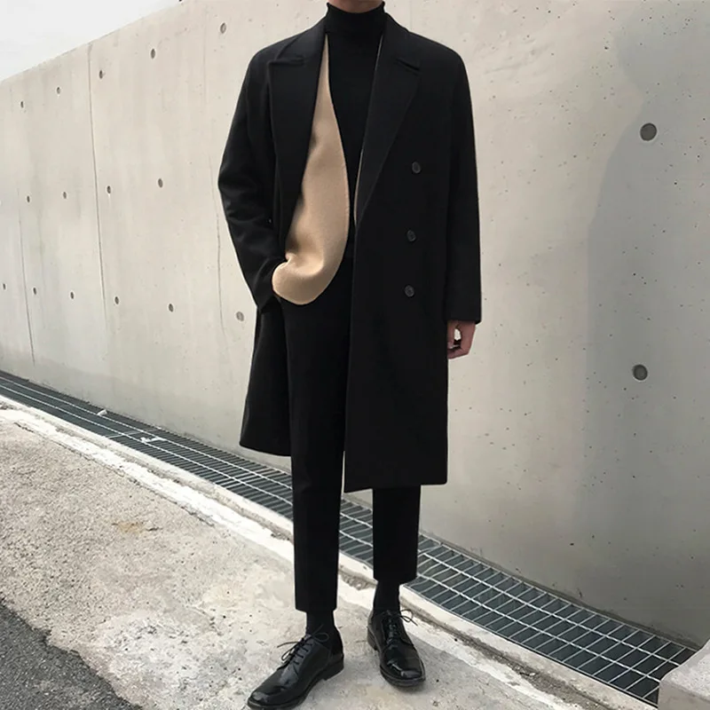 Woolen Coat Men's Long Winter Korean Version of Loose Thick Windbreaker Coat Trend High-end Double-sided Ni