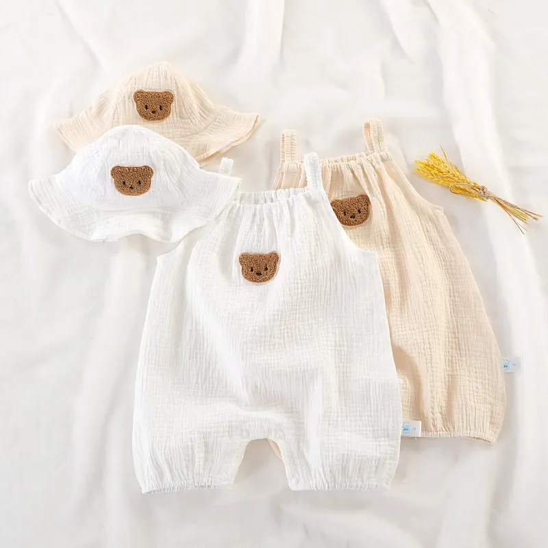 Neonato estate sottile tuta ragazze senza maniche bretelle pagliaccetto vestito ragazzi carino ricamo cartone animato pigiama + cappello 2 pezzi Set - immagine 5
