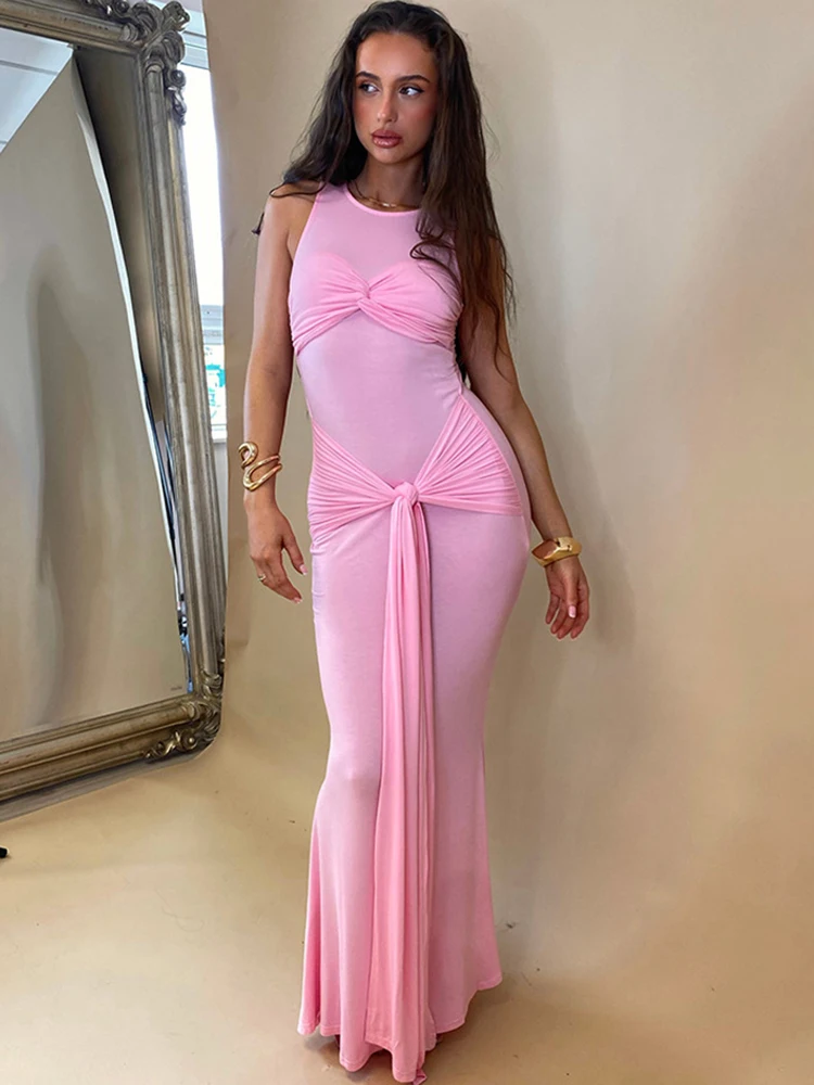 

JULISSA MO Round Neck Bandage Women Maxi Dress Pink Sleeveless See Through Ruched Dress Female Summer New Elegant Party Clubwear