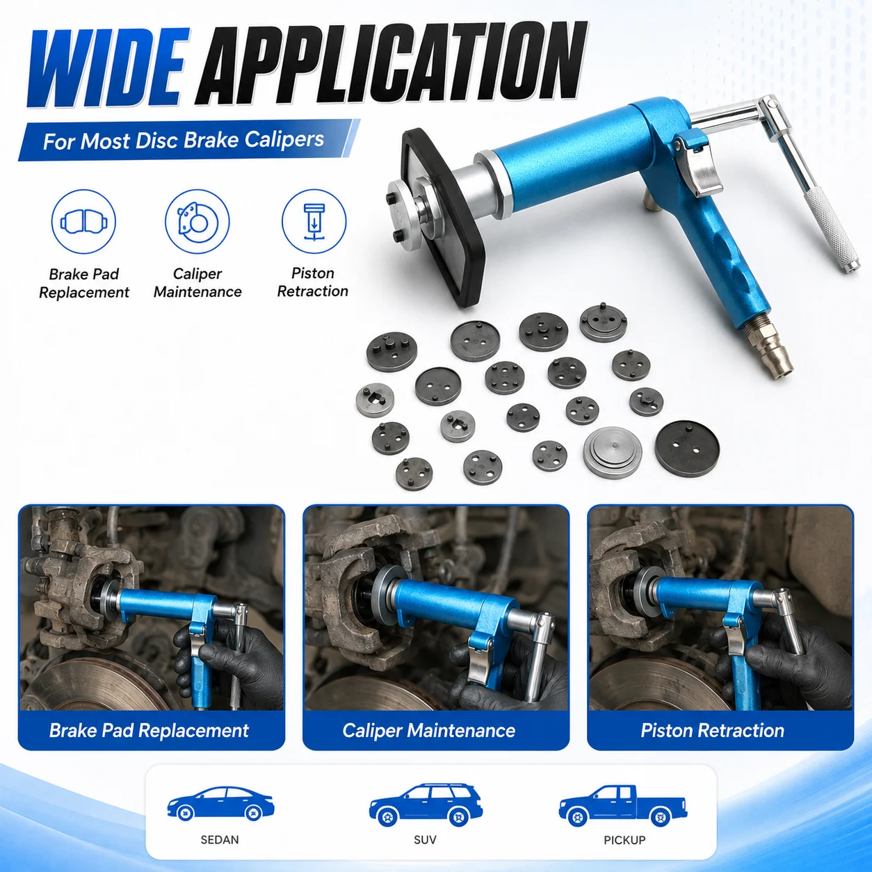 Compressore Pneumatico per Pistoni Freno, Utensile a Pressione per Sostituzione Pastiglie Freno a Disco Auto, Riparazione e Manutenzione in Garage - immagine 2