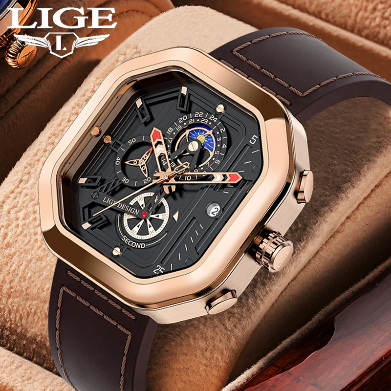

LIGE Men Watches Top Brand Luxury Square Leather Quartz Wristwatch Sports Waterproof Man Date Chronograph Mens Relogio Masculino