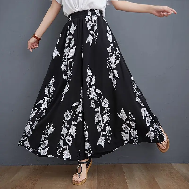 Women Clothes 2024 Summer Fashion Elegant Floral Print High Waist Baggy Pants Female Vintage Casual Wide Leg Trousers Pantalones