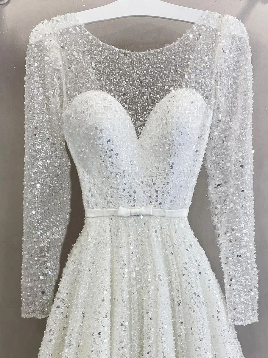 Exquisite Shinny Wedding Dresses Full Sleeves A-line Long Bride Gowns Illusion Beading Sexy Dress For Women 2023 Robe De Mariée 2