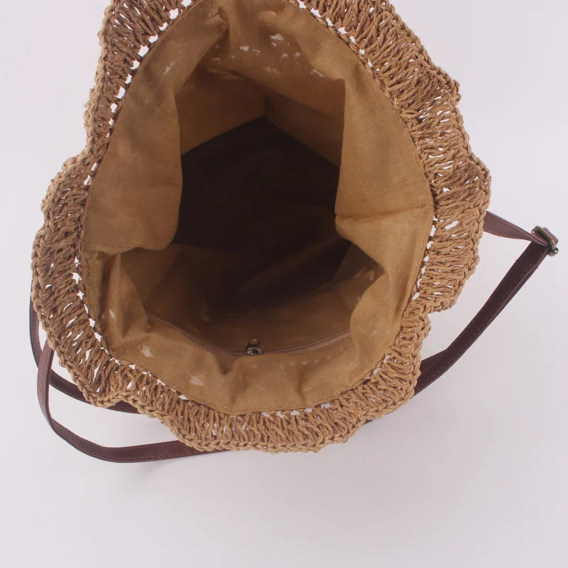 Handmade Women's Summer Straw Beach Shoulder Bag Woven Hollow Drawstring Shoulder Bags Knitted Fashion Female Design Travel Tote