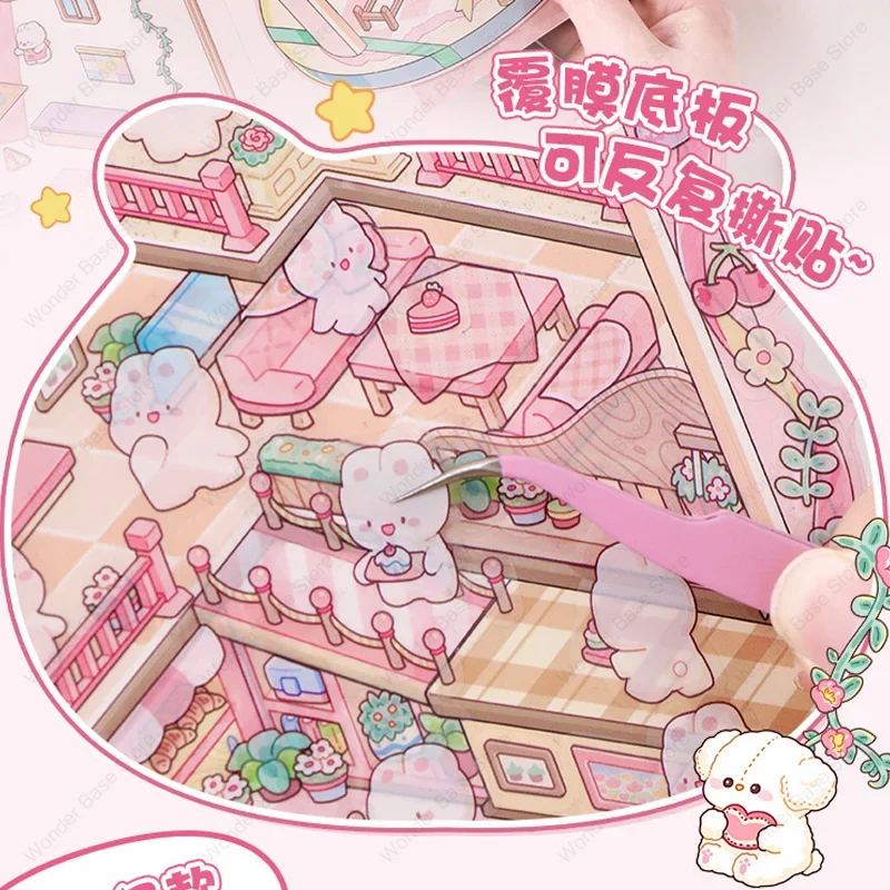 Plus Size 3D Cute Rabbit Kawaii Girl Scene Stickers Landscape Sticker DIY Pocket Cabin Scene Stacking Gift for Kid Child Student