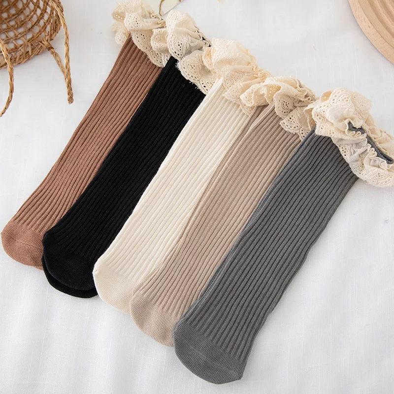 

5Pairs/lot Wholesale Spring and Autumn Baby Girls' Cotton High Knee Socks Children Princess Lace Socks Solid Color