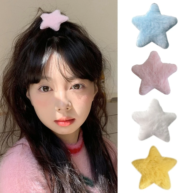 

2 Pcs Girls Furry Star Bangs Clip Y2K Handmade Hairpin Duckbill Clip