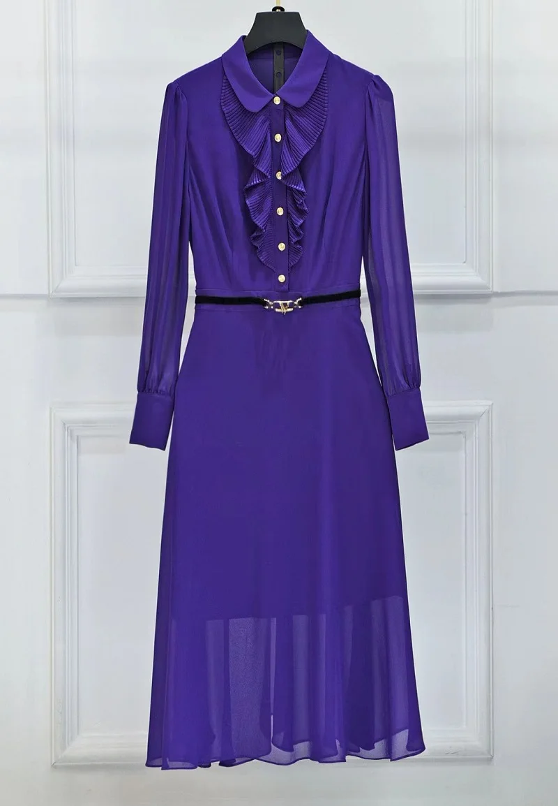 

High Quality Brand New 2023 Spring Dress Women Peter Pan Collar Ruffle Flower Belt Deco Long Sleeve Mid-Calf Purple Khaki Dress