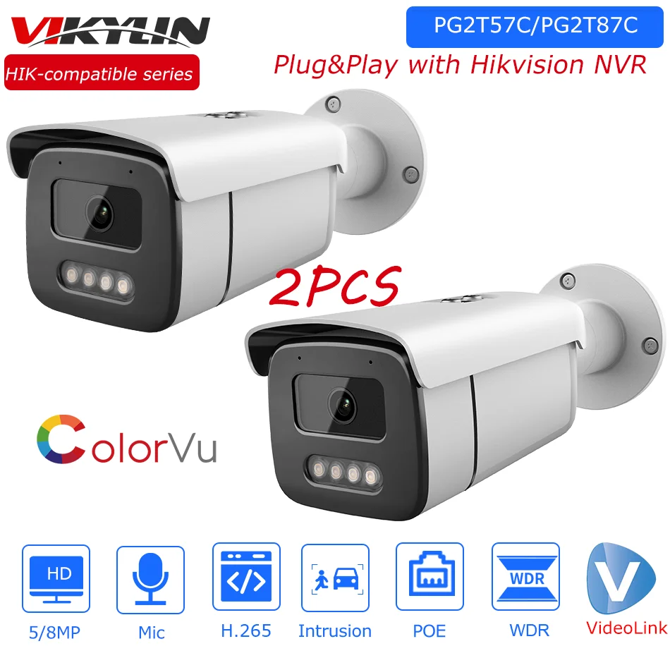 2 Pz Vikylin Hikvision Compatibile 5Mp 8Mp Colorvu Ip Camera Microfono Integrato Sorveglianza Poe Ip Camera Plug & Play Con Hik Nvr App