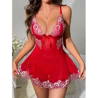 Chemise de nuit courte et Sexy pour femmes, décolleté en V profond, pyjama à la mode, string gratuit, vêtements de nuit, bretelles, poupée bébé, Lingerie 4