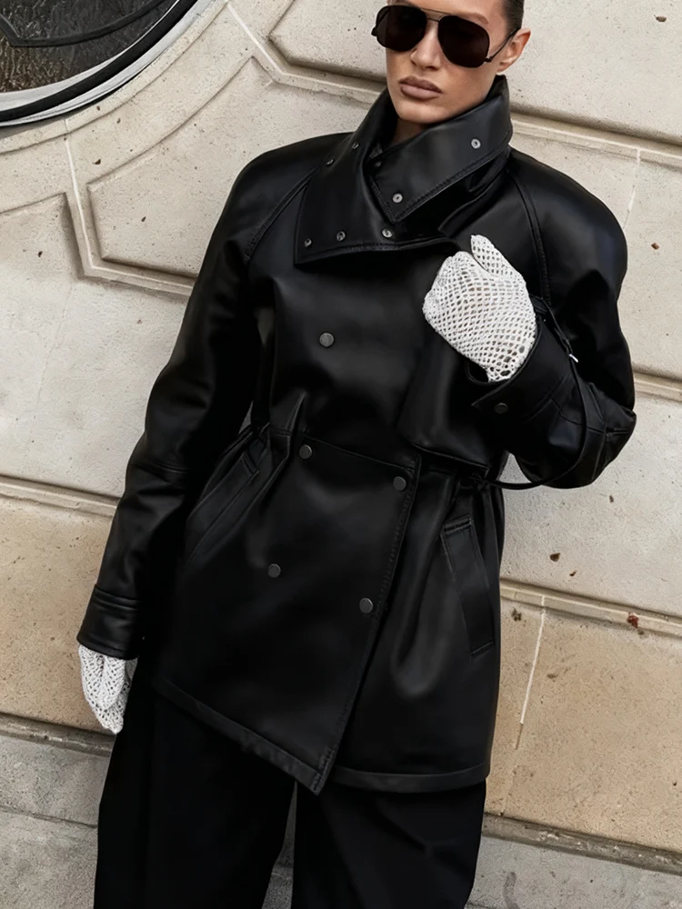 Women Vintage Faux Leather Jackets Double Breasted Stand Collar Slim PU Coats Autumn Winter Fashion High Street Jackets