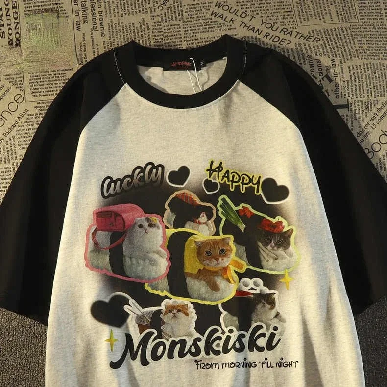 

Trendy hip-hop personalized kitten print graphic T-shirt summer men and women loose casual couple short sleeved y2k top harajuku