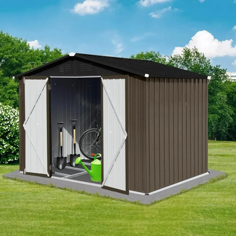 

6x8FT Outdoor Storage Shed w/ Hinged Door & Padlock,Pitched Roof Metal Garden Tool Sheds w/ Punched Vents for Storing,Brown