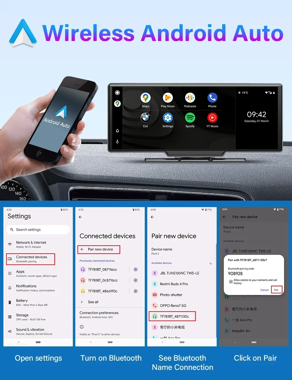 Wireless Android Auto features joystick maps, play music, podcasts; phone details and location information.