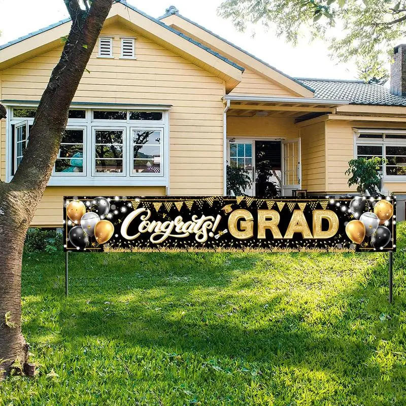 Outdoor Grad Banner Graduation Party Decorations Black and Gold Backdrop Graduation Party Supplies with Rope for Garden Yard