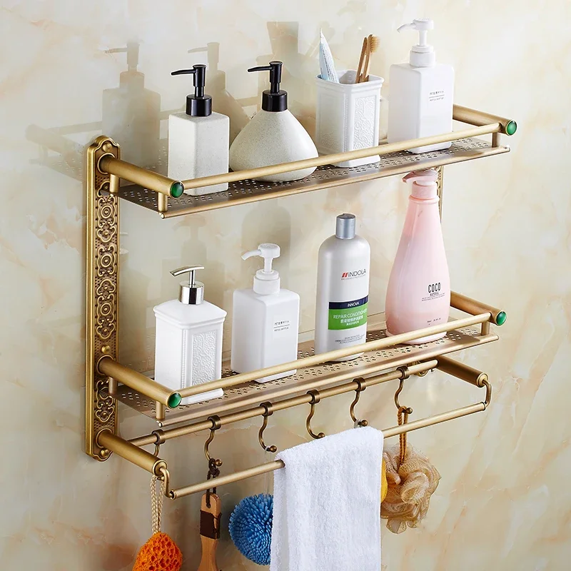 

Vidric DIY Bathroom Shelves Antique Brass Double Laye Bathroom Shelf With Hooks Basket For Bathroom Holder Shelf With Green Ston