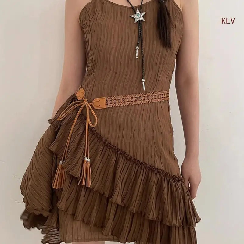 

Cowgirl Waist Belts for Skinny Vintage Tie Belt with Tassels for Y2K Impressive Cowboy Style Stage Street Dance