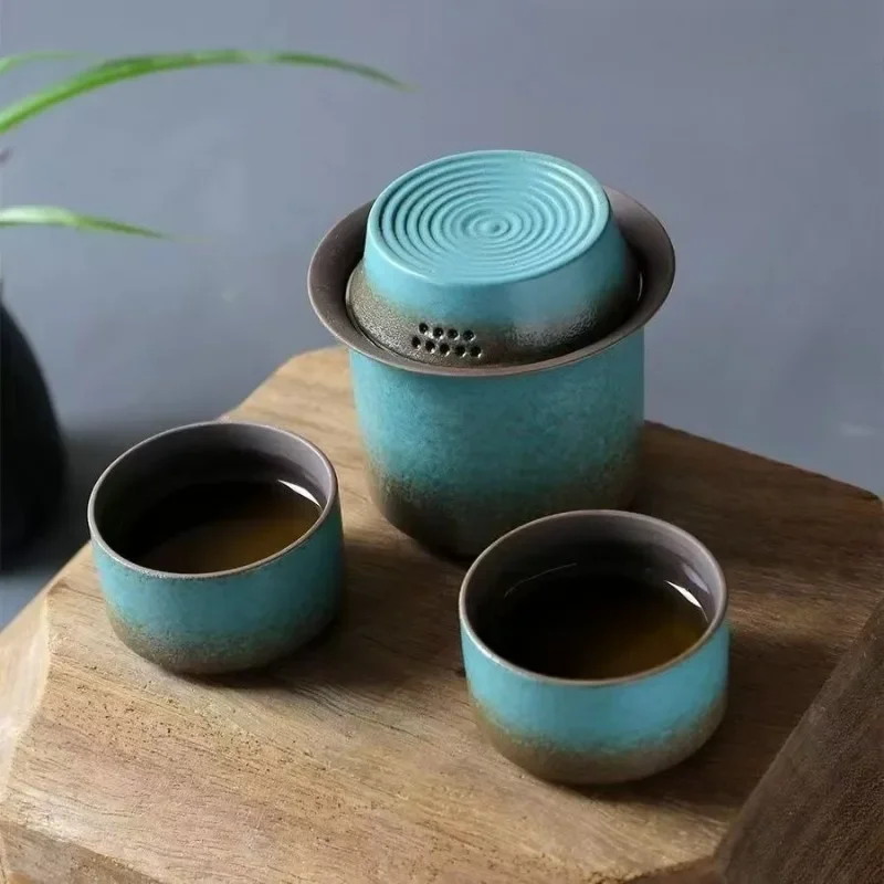 Kiln change vintage spring green rough pottery one pot 4 cups tea caddy simple small set outdoor living room tea room