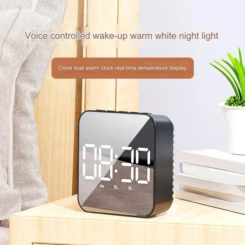 Mirror Digital Alarm Clock LED Display Snooze Wake Silent Calendar Temperature Desktop Dimmable Electronic Desk Clock Home Decor 3