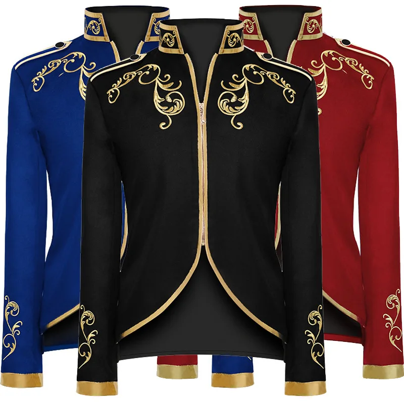 Men Medieval Victoria European Court King Cosplay Costume Coat Halloween Carnival Party Knight Embroidery Stand Collar Jacket