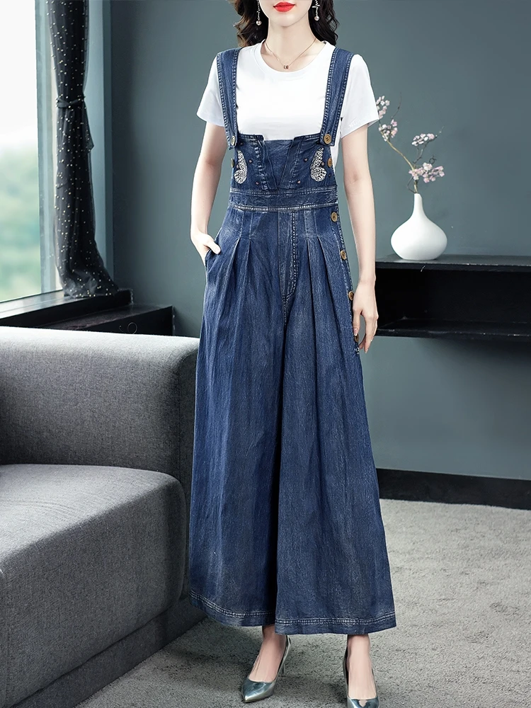 Free Shipping New Fashion Sleeveless Women Wide Leg Denim Embroidery Jumpsuit And Rompers S-XL Thin Summer Trousers With Pockets women summer denim jumpsuit metal buckle strap large pockets women loose sleeveless straight jumpsuit dungarees streetwear