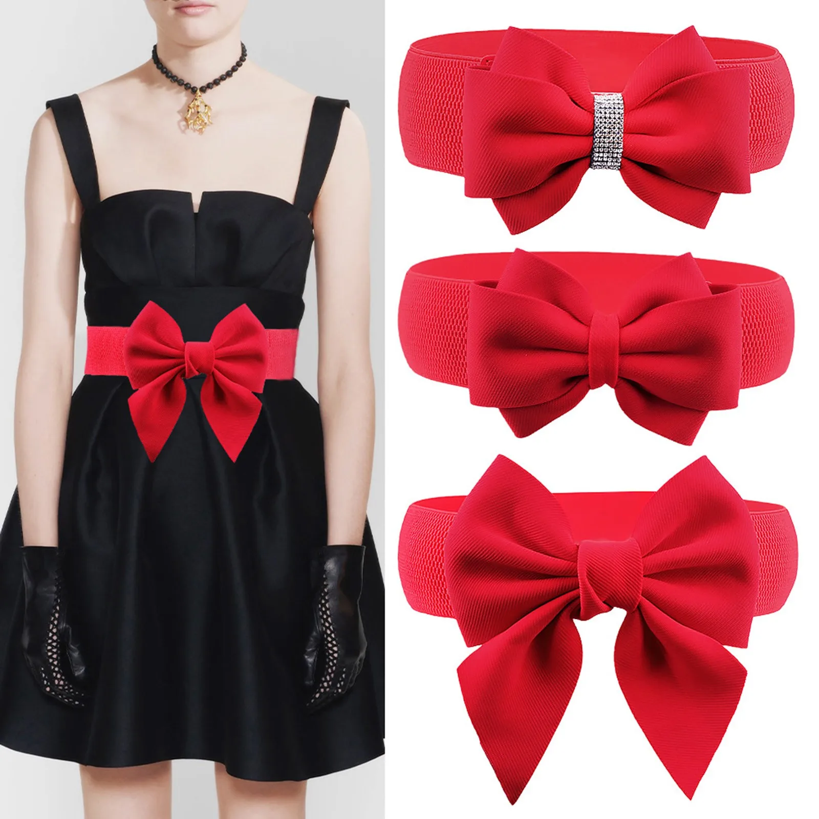 Puawkoer Women Cute Bow Wide Elastic Waist Belt Adorable Dress Accessory  Clothing Shoes & Accessories One Size Red