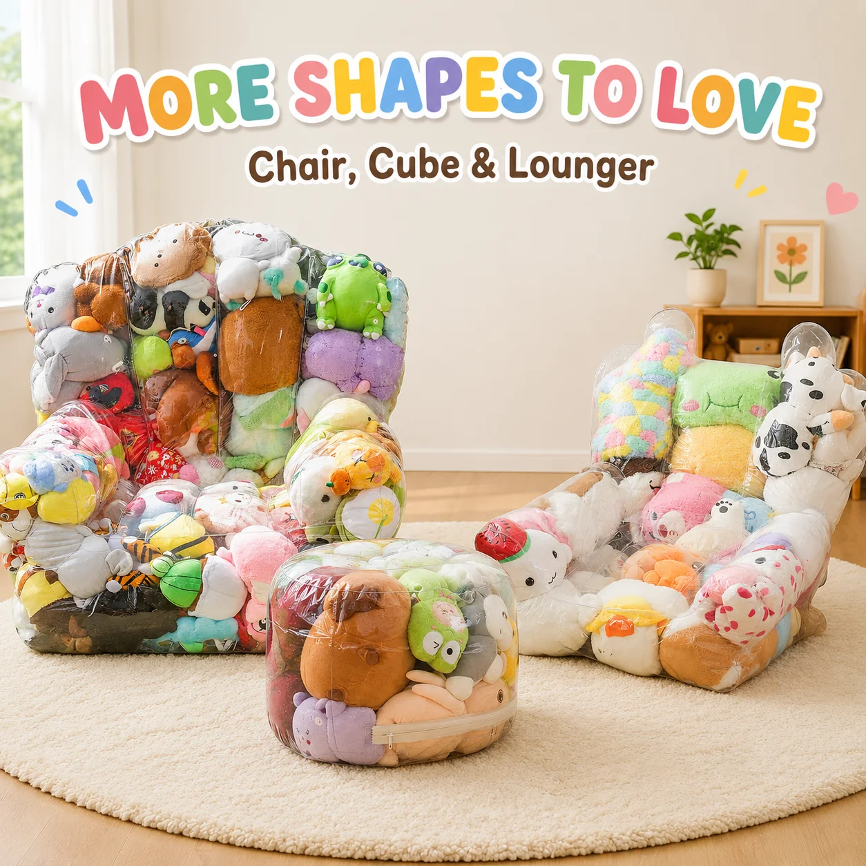 Stuffed Animal Storage Bean Bag Chair Cover Plush Toy Storage Bag Clear PVC Large Capacity Sofa Seat Cube Lounger with Zipper - 4