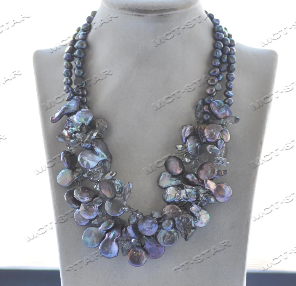 

Z12380 3row 18'' Black Baroque Coin Pearl Gray Faceted Crystal Necklace