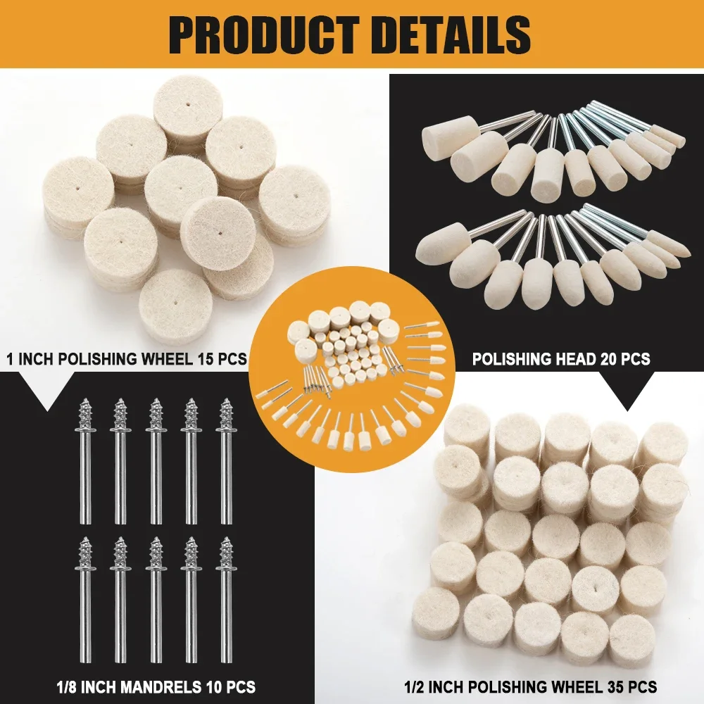 80PCS Wool Polishing Wheels for Dremel 1/8" Shank Felt Pads Kit Jewelry/Metal Polishing Rotary Tool