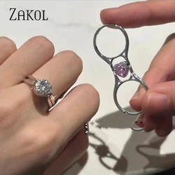 ZAKOL Reversible Two-Color Heart Zircon Ring for Women Fashion Romantic Engagement Birthday Anniversary Jewelry Gift